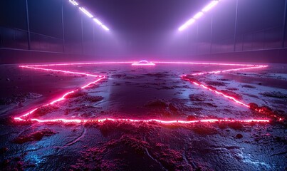 A dynamic 3D render of a glowing neon baseball field stands out against a black background, creating a vibrant and engaging visual.