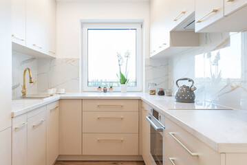 Modern kitchen interior with kitchen sink, window, counter, luxurious furniture and marble tile on the wall.. Real estate and indoors architecture.