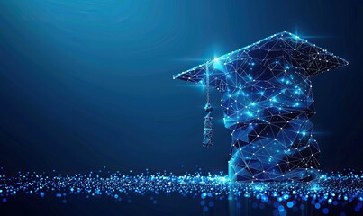 Fototapeta premium An abstract low poly wireframe represents a digital modern education concept with a graduation hat on a blue background, symbolizing online learning and innovation.