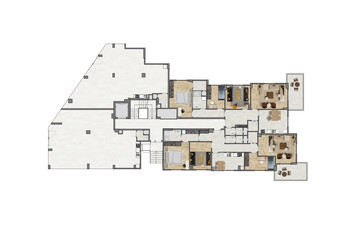 Floor plan of a modern apartment with 4 flats. Top view. Architectural CAD plan drawing, photoshop rendering, coloured and furnished. Plan illustration.