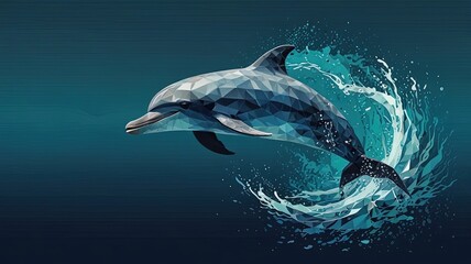Naklejka premium An abstract vector artwork of a joyful dolphin leaping out of the ocean, surrounded by low-poly waves and coral reefs on a deep turquoise background, using vibrant blues