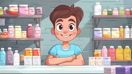 Cartoon vector shop owner arranging products for a sale display