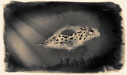 Family of cheetahs walking through tall green grass