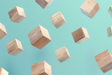 3D illustration of floating wooden cubes against blue sky background. Minimalist, isometric design features dynamic motion and geometric shapes, ideal for modern, creative digital artwork and banner.