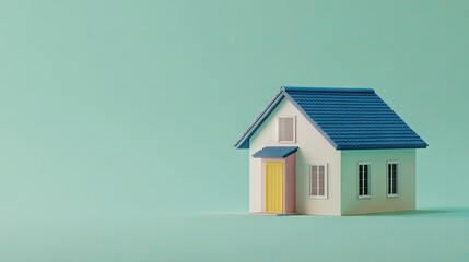A 3D small house with a blue roof on a light green background, isolated.