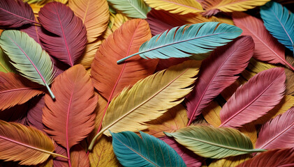 Fototapeta premium Vibrant autumn leaves in shades of red, yellow, and blue are scattered across a textured background, creating a lively display of colors