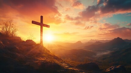  sunset illuminates a cross on a mountain, symbolizing faith, hope, and spirituality in nature. Captures the serene and spiritual essence of the natural landscape.