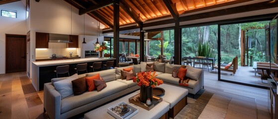 Fototapeta premium Modern living room showcasing elegance with natural light, stylish furniture, and vibrant decor set in a serene environment.