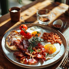 Full English breakfast, a British and Irish breakfast consisting of bacon, sausage, eggs and a drink, usually tea or coffee