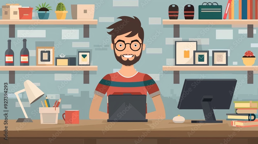 Poster cartoon vector online store manager optimizing website for higher sales conversion