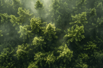 Aerial view of lush green forest with sunlight and mist creating a scenic landscape. Themes of nature, ecology, rainforest, and tropical environments for background environment day
