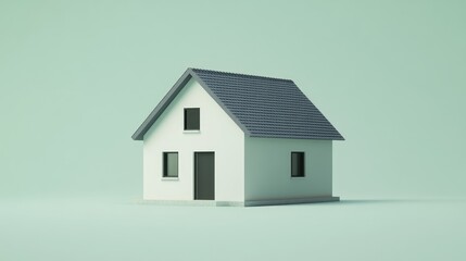 Fototapeta premium A 3D small house with a gray roof on a light green background, with clean lines and simple colors.