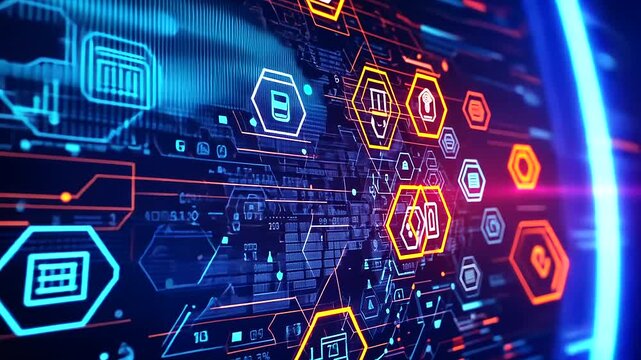 Futuristic digital finance ecosystem with glowing globe and hexagonal tech icons.