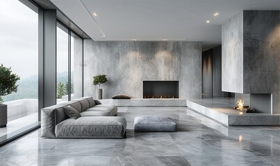 A minimalist modern living room design includes a fireplace and concrete walls.