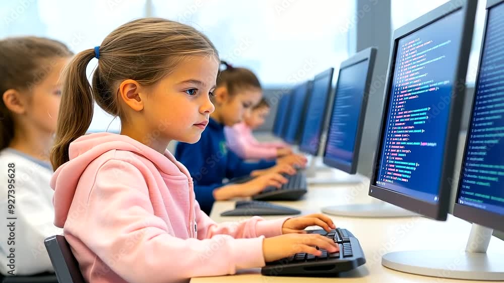 Aufkleber young students engaged in coding lessons at school, focused on computer screens.
