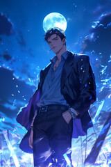 Handsome anime man in a dark suit standing confidently under a full moon, surrounded by a mysterious and glowing blue atmosphere, exuding a cool and enigmatic aura