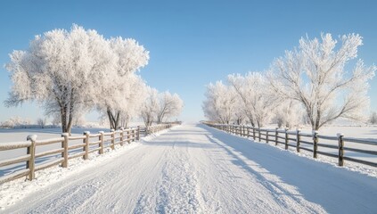 Obraz premium Snow-Covered Road with Frosty Trees on a Clear Winter Day