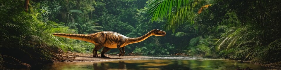 Obraz premium A dinosaur is walking through a jungle. The jungle is lush and green, with a river running through it. The dinosaur is the main focus of the image
