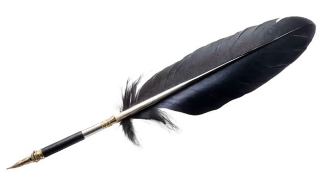 Black Quill Feather Pen With Writing Line on a isolated on white background. Generative AI.