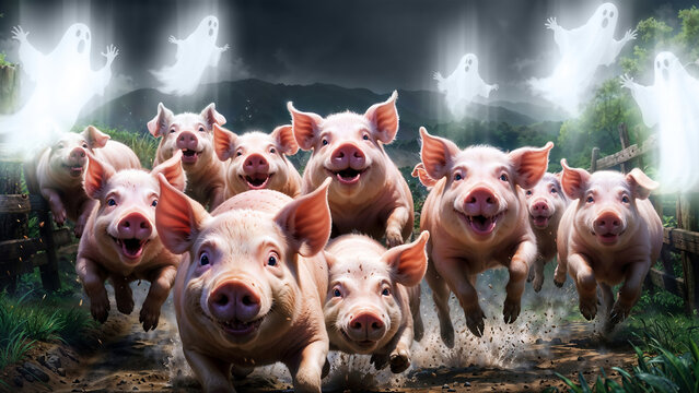 High detailed art illustration bible scene concept. Jesus cast out demons out of a man and send them into pigs. The pigs rush down the steep bank hillside into the sea and are drowned.