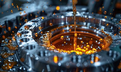 A close-up view of a metal bearing with dynamic oil splashes represents machinery lubrication and maintenance.