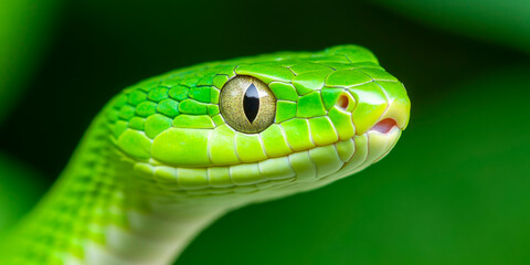 A stunning close-up photograph of a vibrant green cobra, symbolizing the Year of the Green Snake for the Chinese Zodiac in 2025. The image showcases the intricate details of the snake's scales 