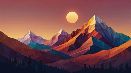 Abstract vector of mountain peaks in low-poly style with sunset hues, set against a gradient sky