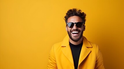 Fototapeta premium Confident and Cheerful Businessman Wearing Yellow Jacket and Sunglasses in Studio Portrait