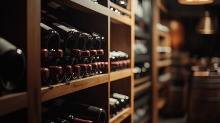 Close-up horizontal photo of an elite wine cellar with wine on shelves