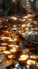 Digital gold coin turtle dream scene poster background