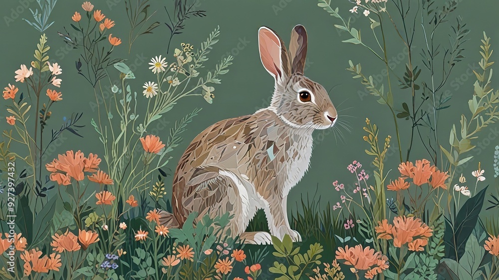 Fototapete an abstract vector artwork of a gentle rabbit surrounded by low-poly wildflowers and shrubs on a pas
