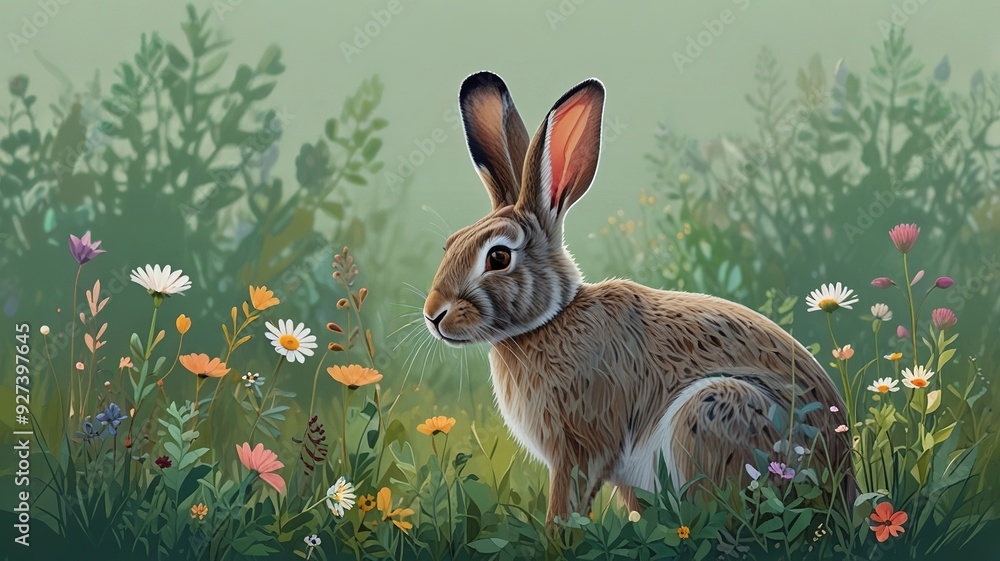 Fototapete an abstract vector artwork of a gentle rabbit surrounded by low-poly wildflowers and shrubs on a pas