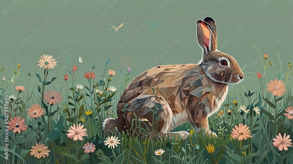 Fototapete an abstract vector artwork of a gentle rabbit surrounded by low-poly wildflowers and shrubs on a pas