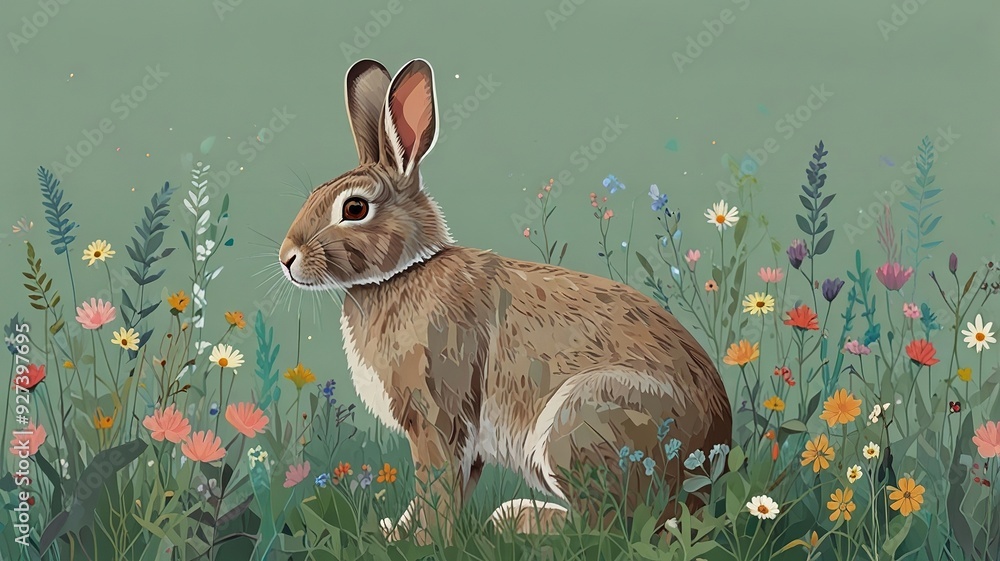 Fototapete An abstract vector artwork of a gentle rabbit surrounded by low-poly wildflowers and shrubs on a pastel green background, using soft colors and flat outlines to evoke peace