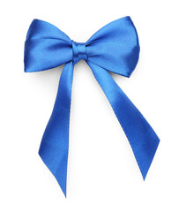 One blue satin bow isolated on white, top view