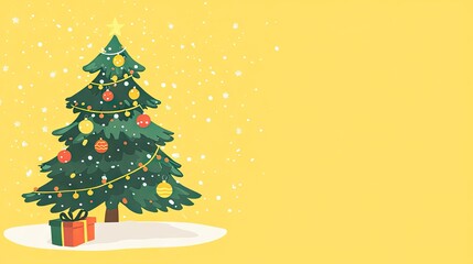 A cartoon Christmas tree decorated with lights and ornaments on a yellow background, room for holiday text.