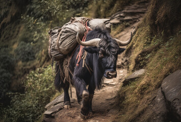 Yak Carries Loads On Its Back Along The Mountain Trail