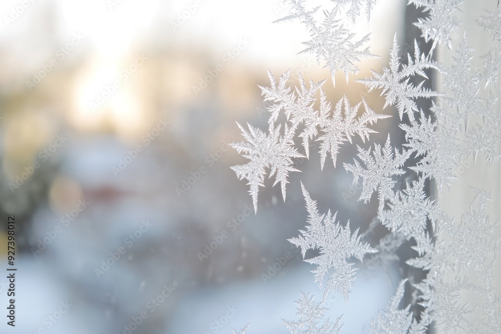 Poster delicate frost patterns on a windowpane