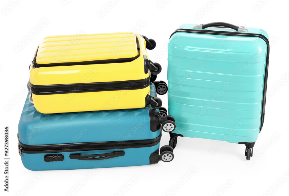 Sticker New yellow and light blue suitcases isolated on white