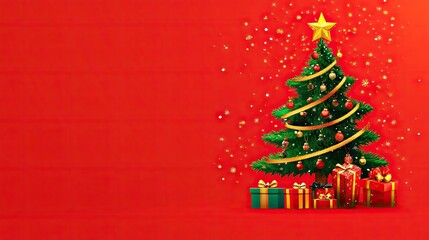A cartoon Christmas tree with gifts underneath on a red background, space for festive greetings.