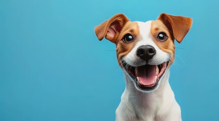 A happy Jack Russell Terrier dog smiling with an open mouth on a light blue background
