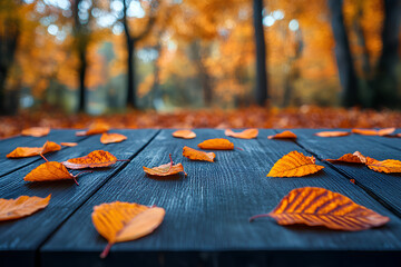 Autumn background, close up of old empty wooden table over the lake with trees and leaves with copy space