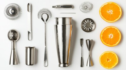 Cocktail tools, including shaker and strainer, on a white background with an orange cocktail. Barman and bartender equipment set. 