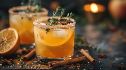 Apple cider margarita with brown sugar rim, cinnamon and fresh thyme, fall cocktail AI generated