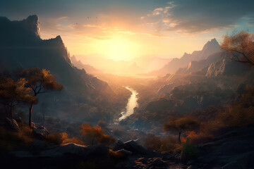 Fototapeta premium Mystical sunset over deep, shadowy valley