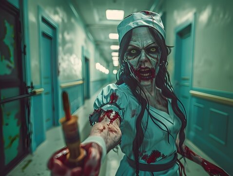 Haunted Hospital Corridor With Tattered Zombie Nurse Holding Rusty Syringe