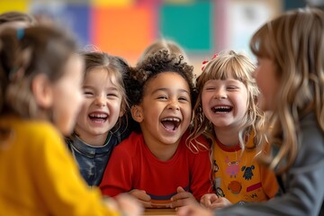 Fototapeta premium Group of Joyful Students Laughing and Bonding in a Vibrant Classroom Setting