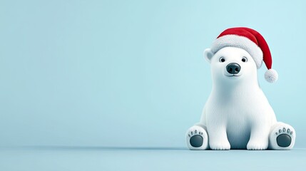 Fototapeta premium A cartoon polar bear wearing a Santa hat on a light blue background, with space for text.