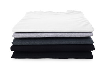 Stack of clean colorful t-shirts isolated on white
