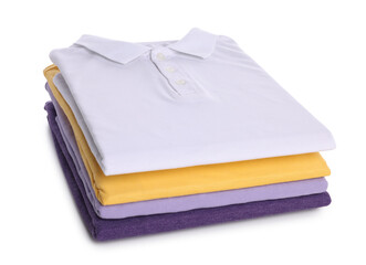 Stack of clean colorful t-shirts isolated on white